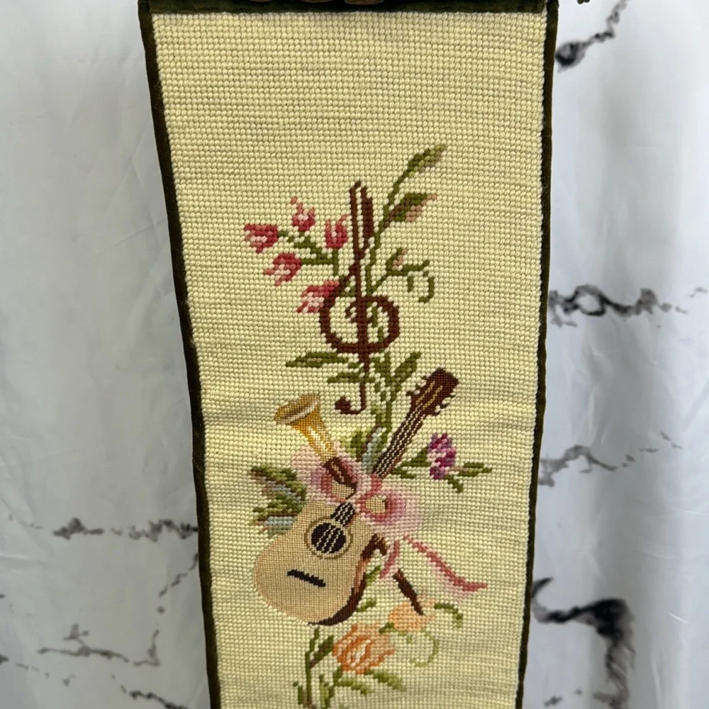 Vintage Petit Point Bell Pull Needle Point Velvet Backed Musical & Floral Design